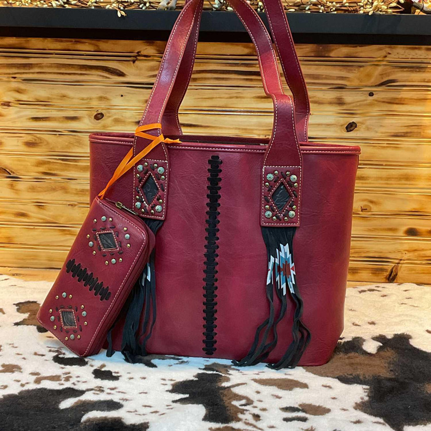 Elegant Burgundy Tote with Black Fringe and Matching Wallet