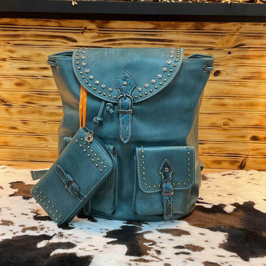 Blue Tooled Leather Backpack