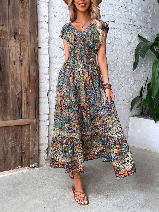 Multicolor Paisley Printed Cap Sleeve Midi Dress