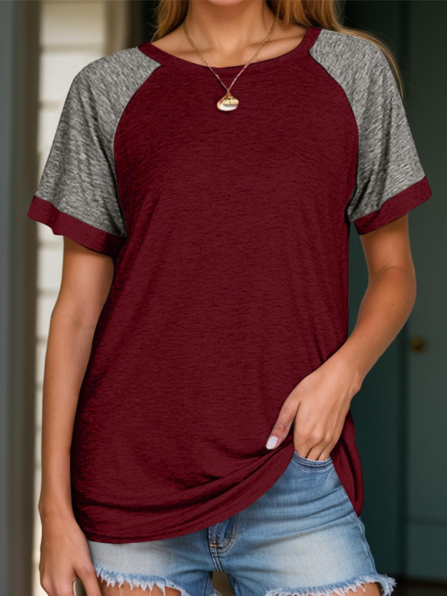 Burgundy Contrast Round Neck Short Sleeve T-Shirt