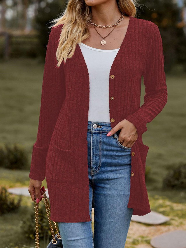 Rust Ribbed Long Sleeve Cardigan