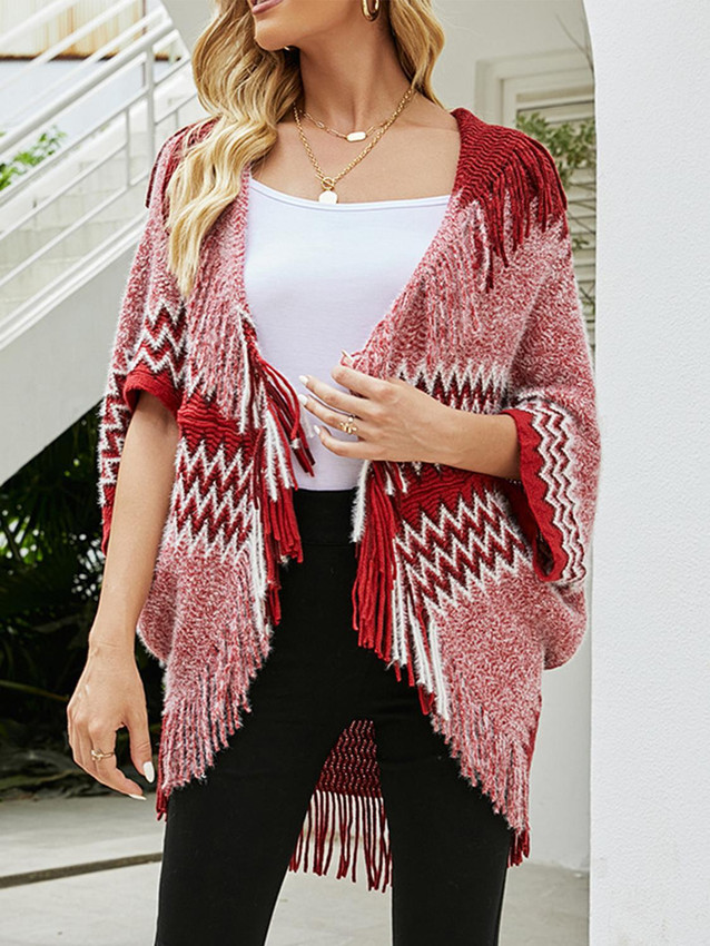 Burgundy Geometric Fringe Cardigan