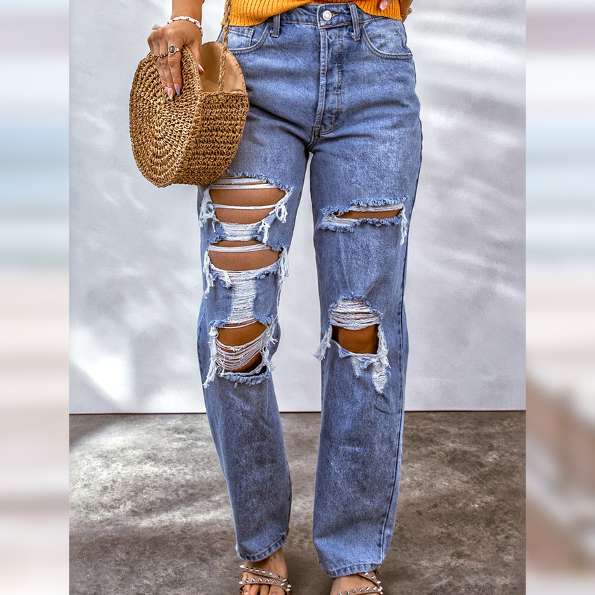 Sky Blue Heavy Destroyed Big Hole Boyfriend Jeans