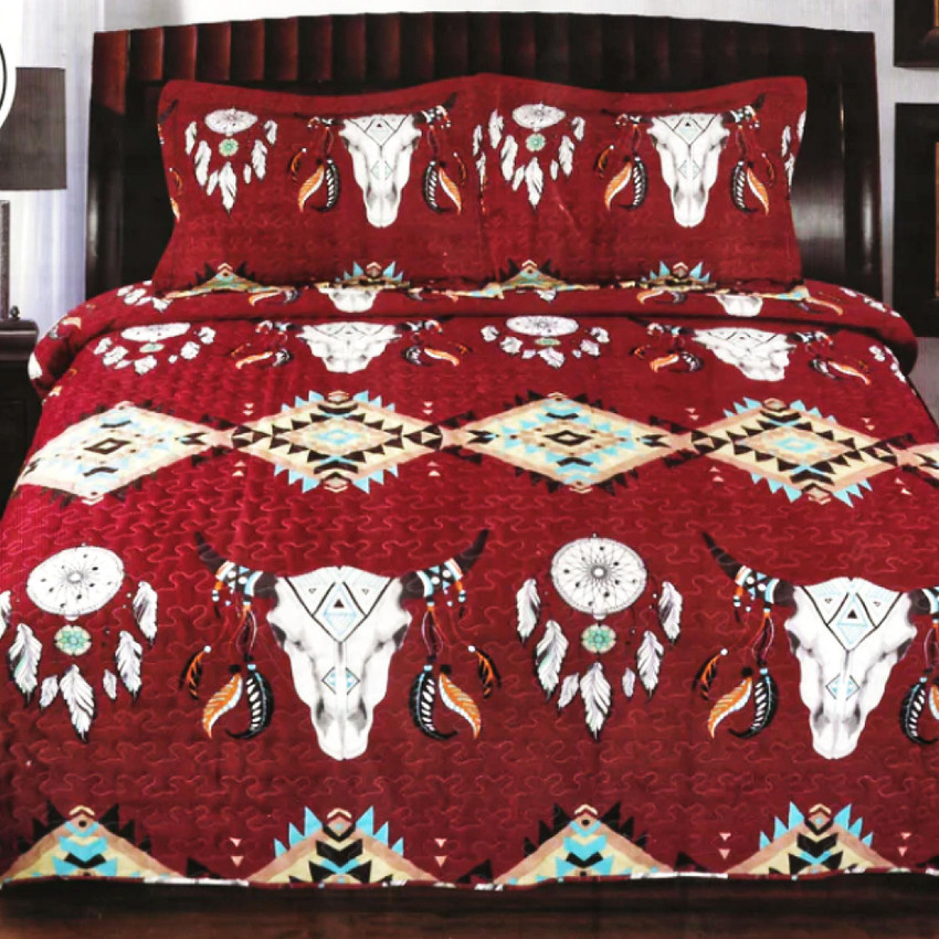 Burgundy Steer Quilt 3pc. Set