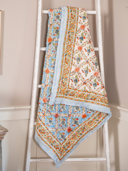 Francesca Block Print Throw - Light Blue