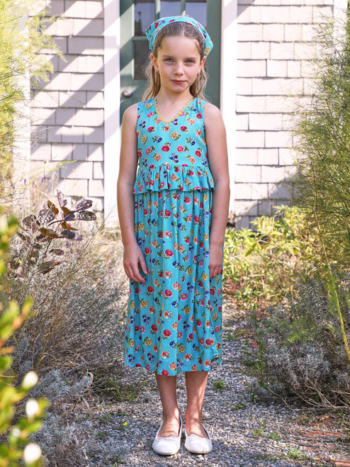 Flower Toss Kids Dress - Turquoise