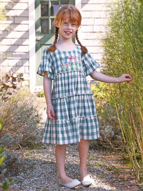 Brianna Check Kids Dress - Dark Sage