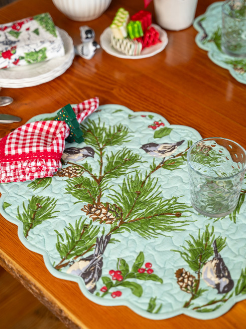 Chickadee Quilted Placemat Set of 4 - Winter Mint