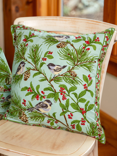 Chickadee Cushion Cover - Winter Mint
