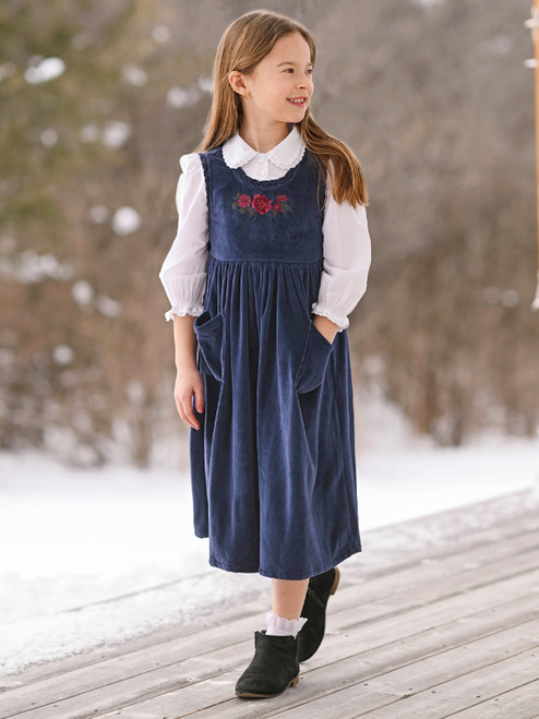 Folksong Velour Kids Pinafore - Navy