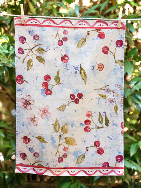 Cherry Cherry Watercolor Tea Towel - Red Blue