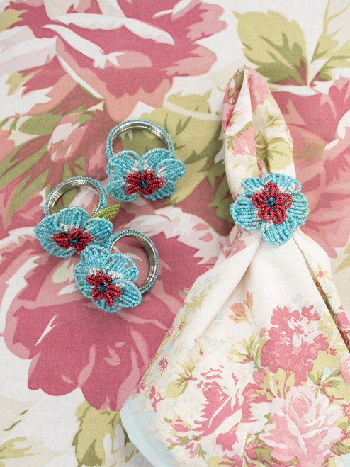 Beaded Flower Napkin Ring Set of 4 - Light Blue