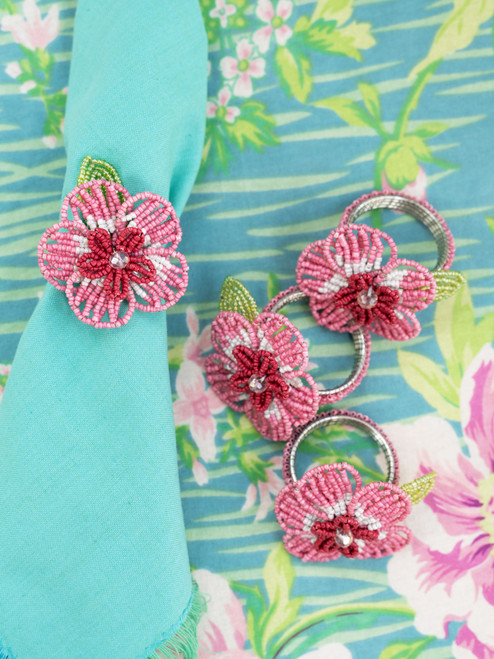 Beaded Flower Napkin Ring Set of 4 - Pink