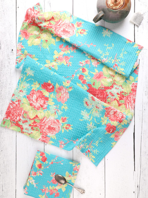 Cottage Rose Tea Towel Set of 2 - Turquoise