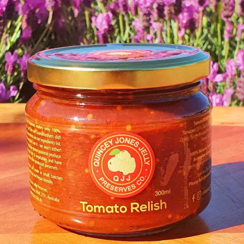 Tomato Relish – 300ml jar from Quincey Jones Jelly Preserves, low-sugar and gluten-free with classic red label