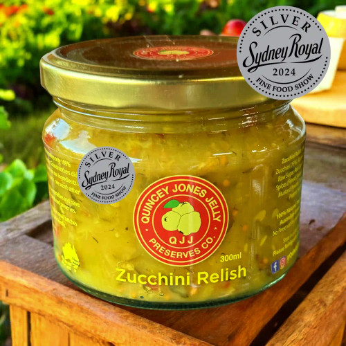 Zucchini Relish 300ml jar with Quincey Jones Jelly label – mellow, sweet-savoury, all-natural and gluten-free