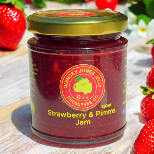 Strawberry & Pimm’s Jam 190ml jar with Quincey Jones Jelly Preserves label – low-sugar, all-natural and gluten-free