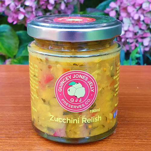 Zucchini Relish 190ml jar by Quincey Jones Jelly Preserves – vibrant, sweet-savoury condiment, gluten-free and natural