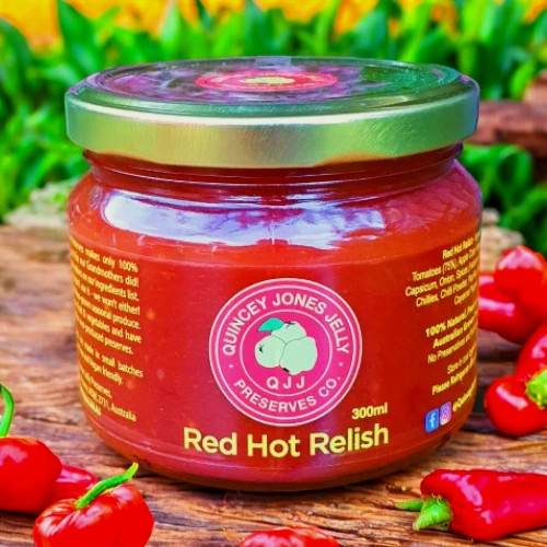 Red Hot Relish – 300ml front label, bold and spicy condiment handcrafted in Echuca–Moama