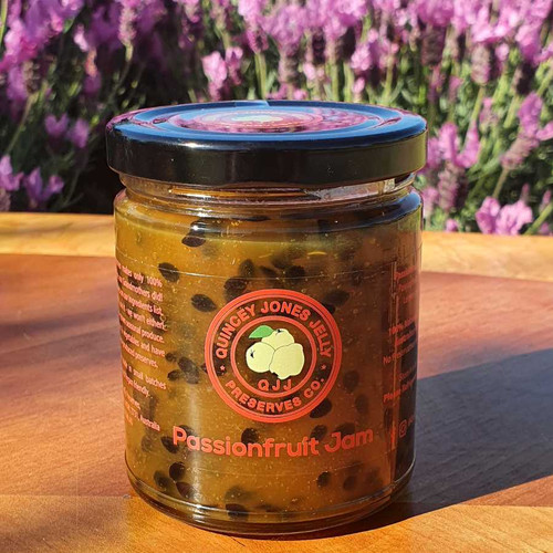 Passionfruit Jam – 270ml jar with bright yellow preserve and visible seeds