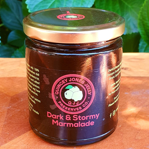 Dark & Stormy Marmalade! A bold adventurous marmalade with ginger, dark sugar and spiced rum! The stout beer of marmalades! One taste and your away!