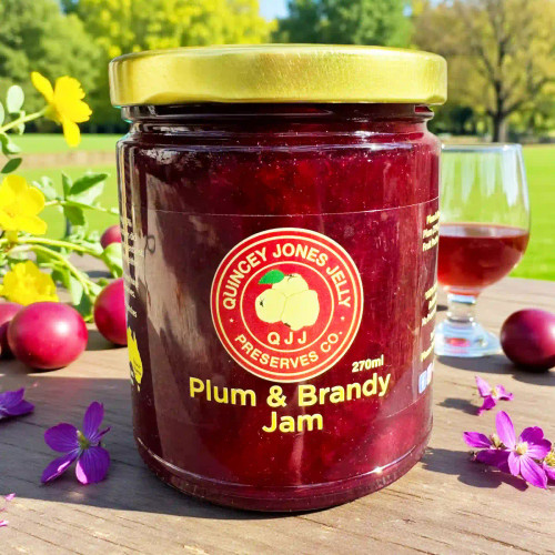 Plum & Brandy Jam 270ml jar with dark fruit label and elegant branding