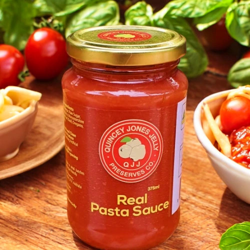 Real Pasta Sauce – 375ml front label from Quincey Jones Jelly Preserves