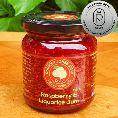 Front of Raspberry & Liquorice Jam 190ml jar – low sugar, all-natural preserve with raspberries and real liquorice root.