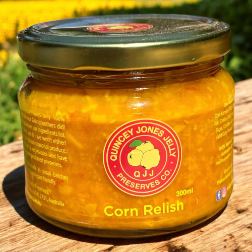 Corn Relish 300ml jar by Quincey Jones Jelly Preserves – front label