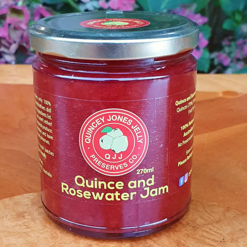 Quince & Rosewater Jam – 270ml front label from Quincey Jones Jelly Preserves Co.