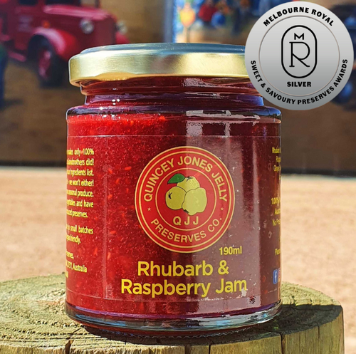 Rhubarb & Raspberry Jam – 190ml front label from Quincey Jones Jelly Preserves Co.
