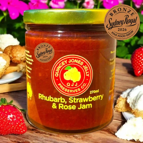 Rhubarb, Strawberry & Rose Jam – 270ml front label by Quincey Jones Jelly Preserves Co.