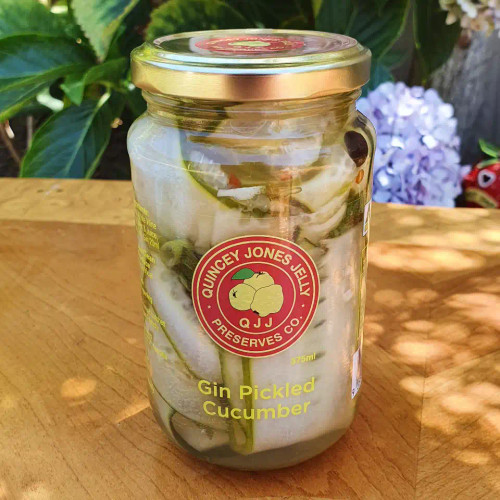Gin Pickled Cucumber – 375ml jar with sliced pickles and artisan QJJ label