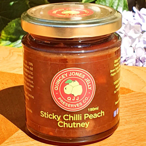 Sticki Chilli Peach Chutney – 190ml jar from QJJ with golden hue