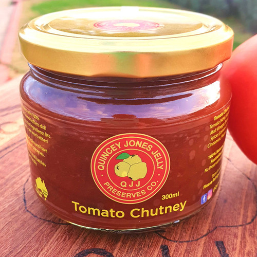 Tomato Chutney – 300ml jar with deep red colour and QJJ artisan label