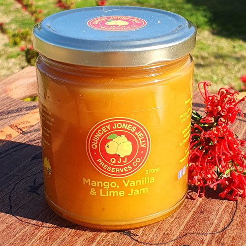 Mango, Lime & Vanilla Jam 270ml jar by Quincey Jones Jelly Preserves Co – handcrafted small-batch tropical jam made in Australia using 100% real fruit.