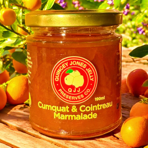 Cumquat & Cointreau Marmalade – 190ml jar with bold citrus-toned label, handcrafted by Quincey Jones Jelly Preserves.