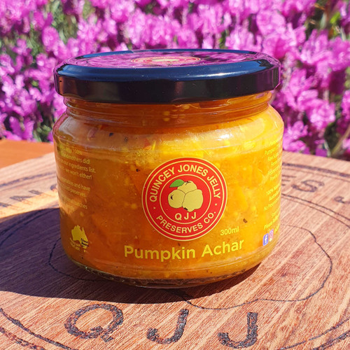 QJJ Pumpkin Achar in 300ml jar – vibrant orange pickle with artisan label