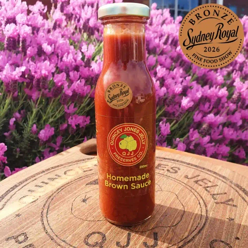 Homemade Brown Sauce 250ml – Quincey Jones Jelly Preserves front label