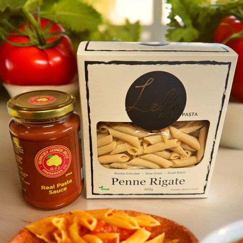 Artisan Penne Rigate Pasta Sauce 375ml – front label by Quincey Jones Jelly Preserves