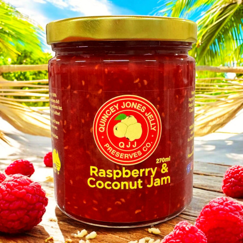 Raspberry & Coconut Jam by Quincey Jones Jelly Preserves – 270ml front label