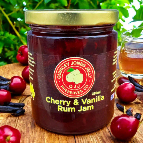 Cherry, Vanilla & Rum Jam – 270ml front label from Quincey Jones Jelly Preserves