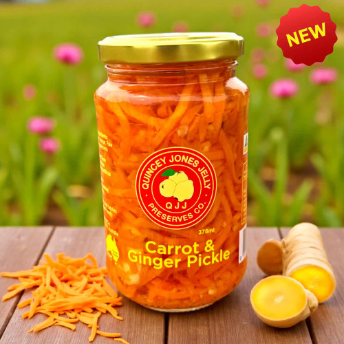 Carrot and Ginger Pickle Front of jar – Quincey Jones Jelly Carrot & Ginger Pickle (375ml)