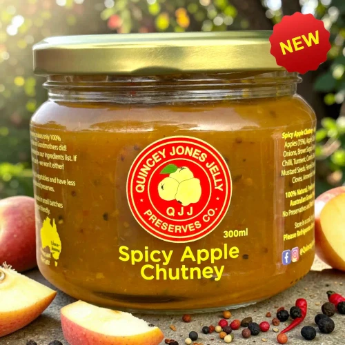 Spicy Apple Chutney 300ml jar by Quincey Jones Jelly Preserves – front label