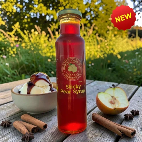 Sticky Pear Syrup 250ml by Quincey Jones Jelly – front label, drizzled over vanilla ice cream with cinnamon and star anise