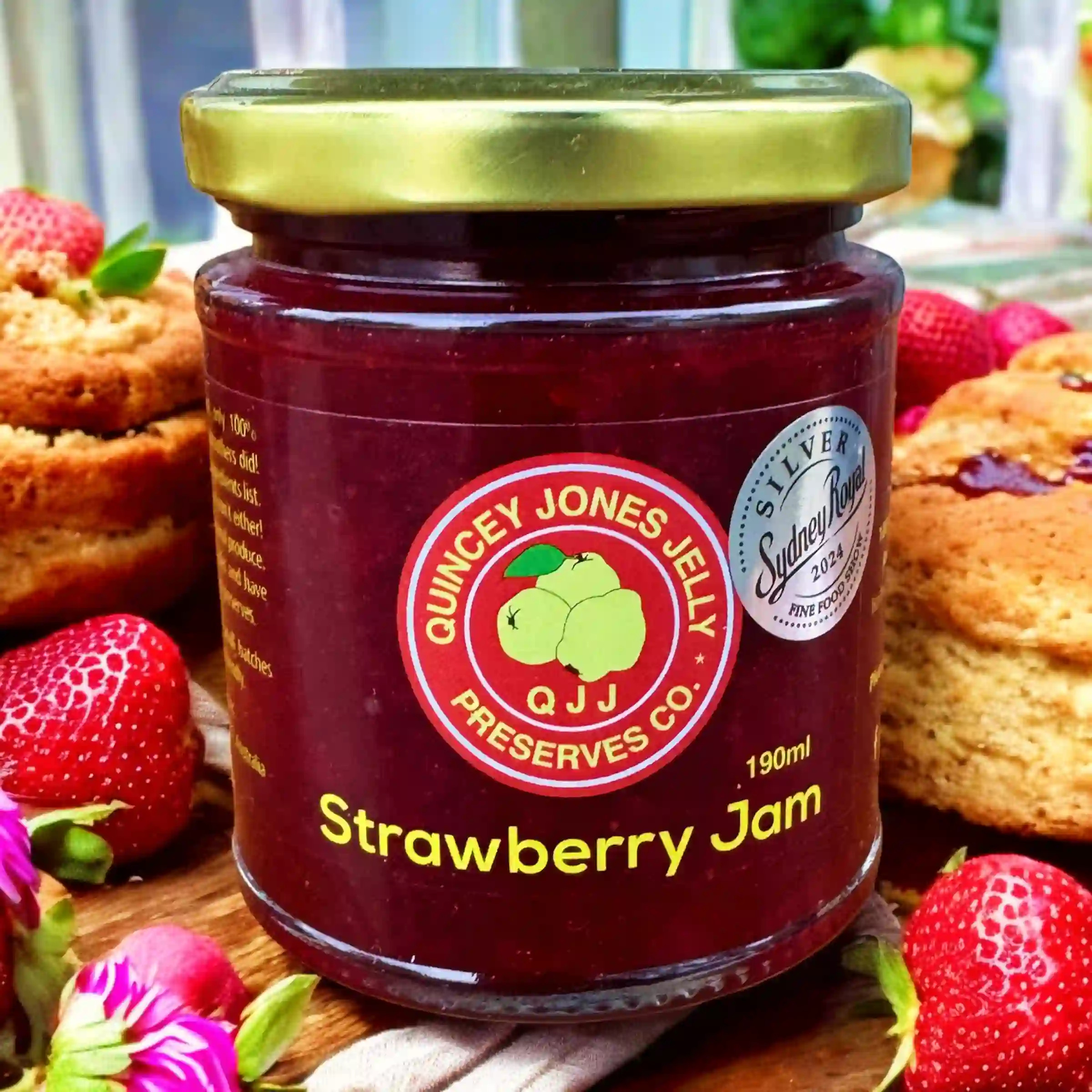 Strawberry Jam 190ml jar with Quincey Jones Jelly label – low-sugar, all-natural, Australian made Strawberry Jam 190ml jar with Quincey Jones Jelly label – low-sugar, all-natural, Australian made