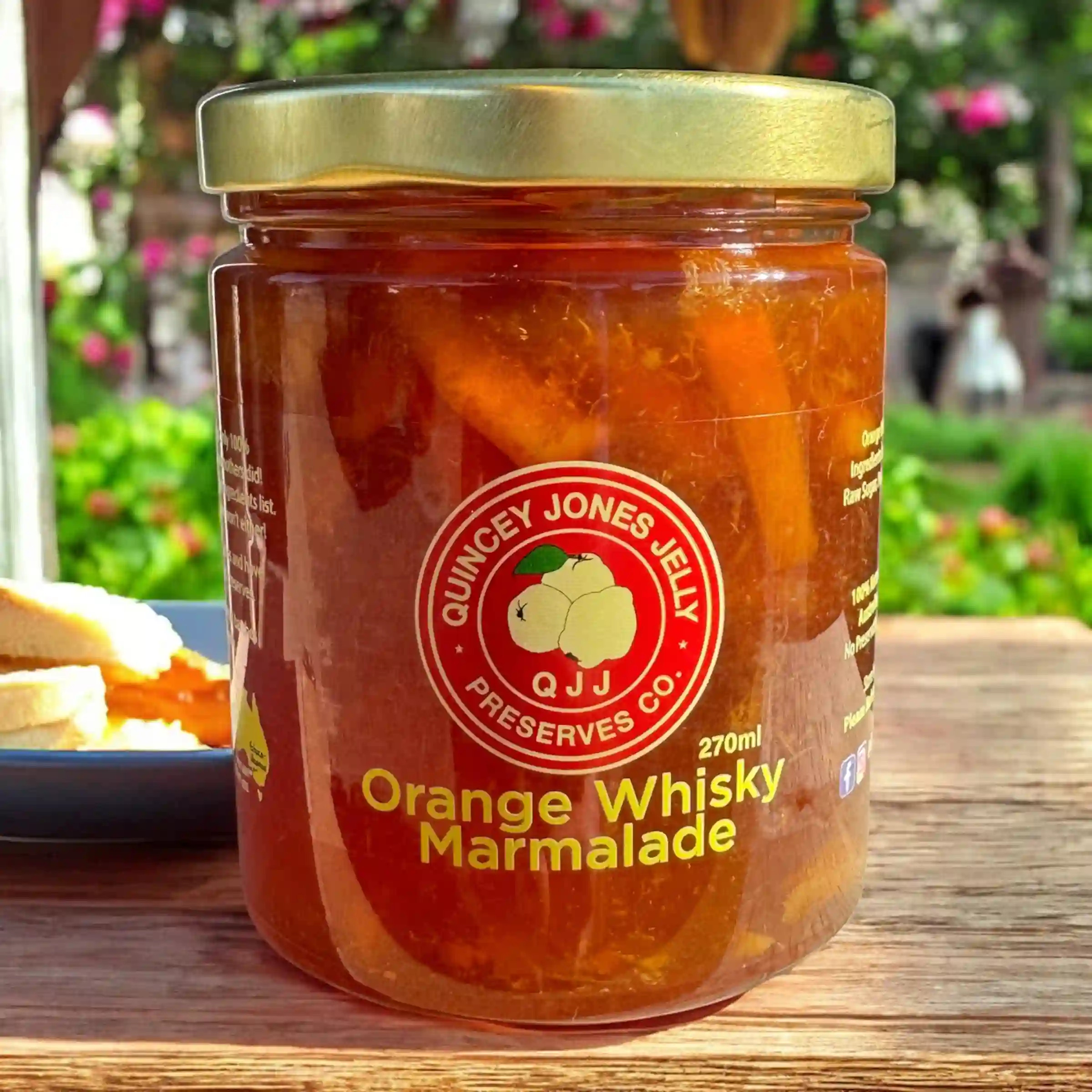 Orange Whiskey Marmalade by Quincey Jones Jelly Preserves – 270ml glass jar with bold red label