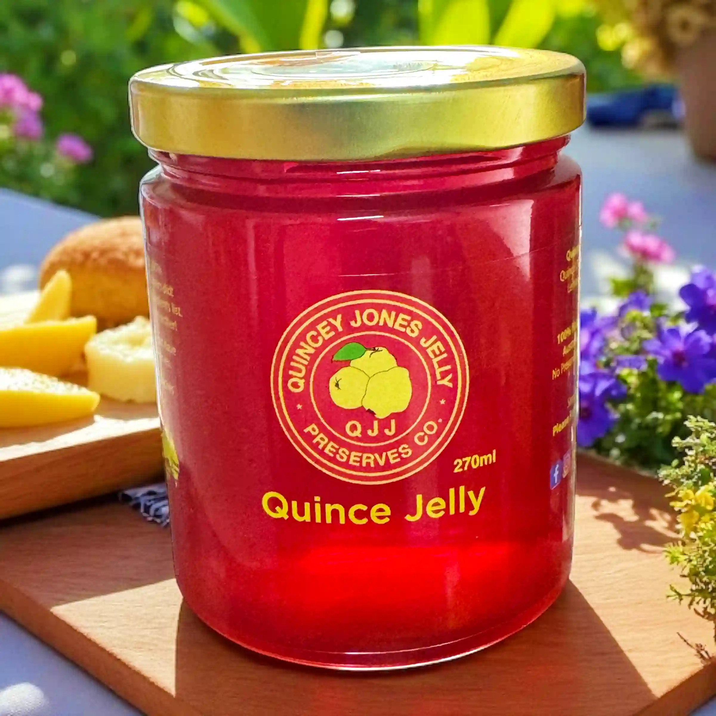 Quince Jelly 270ml jar – clear amber jelly with Quincey Jones Jelly Preserves label, low-sugar and gluten-free