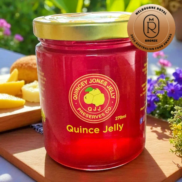 Quince Jelly 270ml jar – clear amber jelly with Quincey Jones Jelly Preserves label, low-sugar and gluten-free. Bronze Medal Melbourne Royal