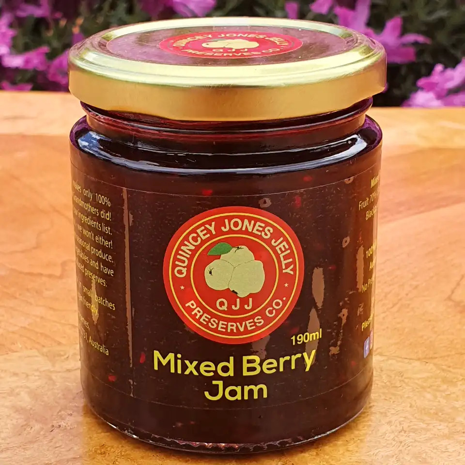 Mixed Berry Jam 190ml jar by Quincey Jones Jelly Preserves – low-sugar, natural, gluten-free